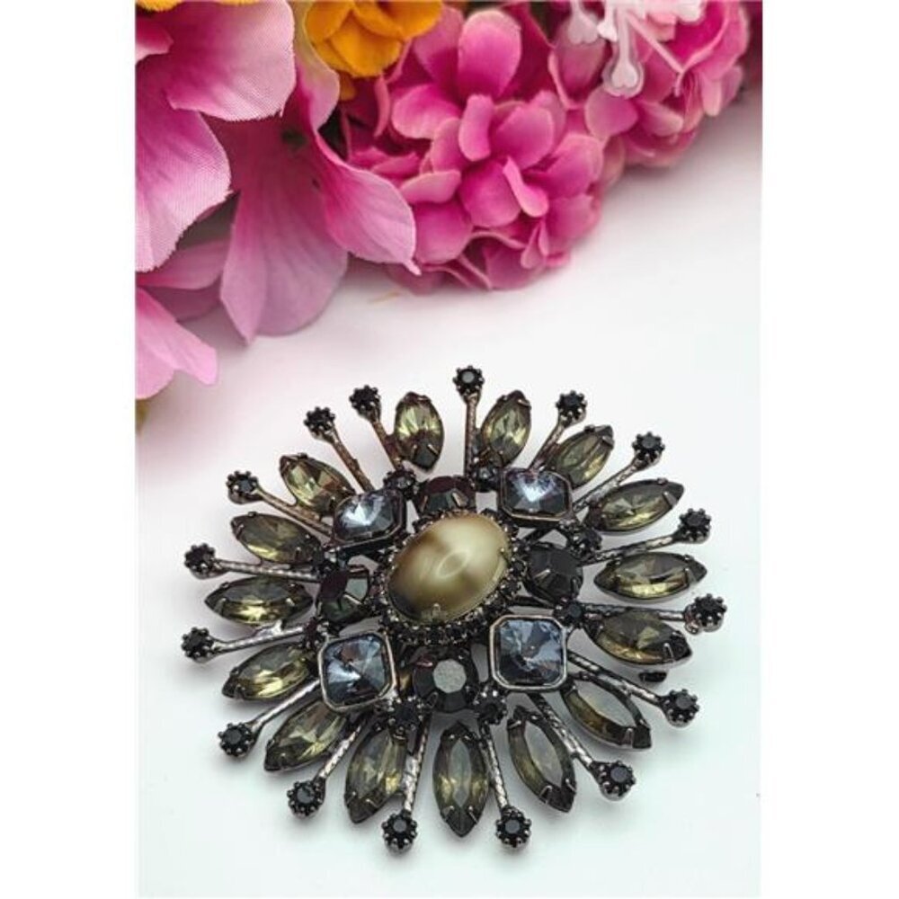 Vintage Juliana Flower Burst Brooch Rhinestone Moonstone Gunmetal 74mm Art Deco